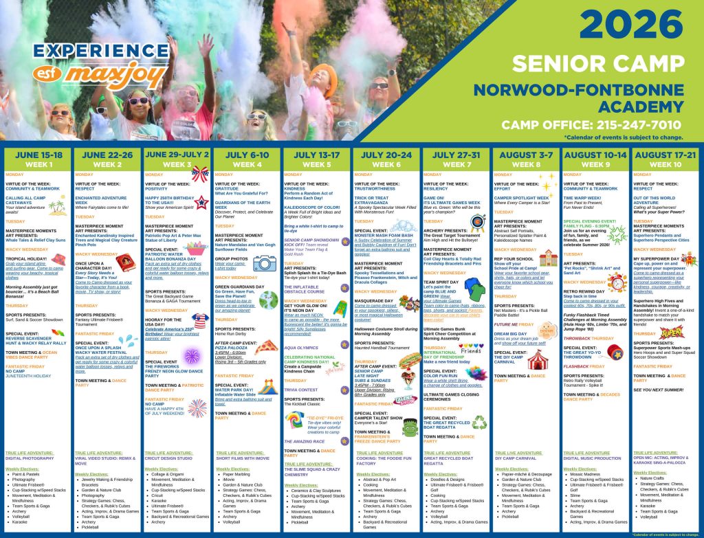 ESF Chestnut Hill - Senior Camp - 2026 Calendar